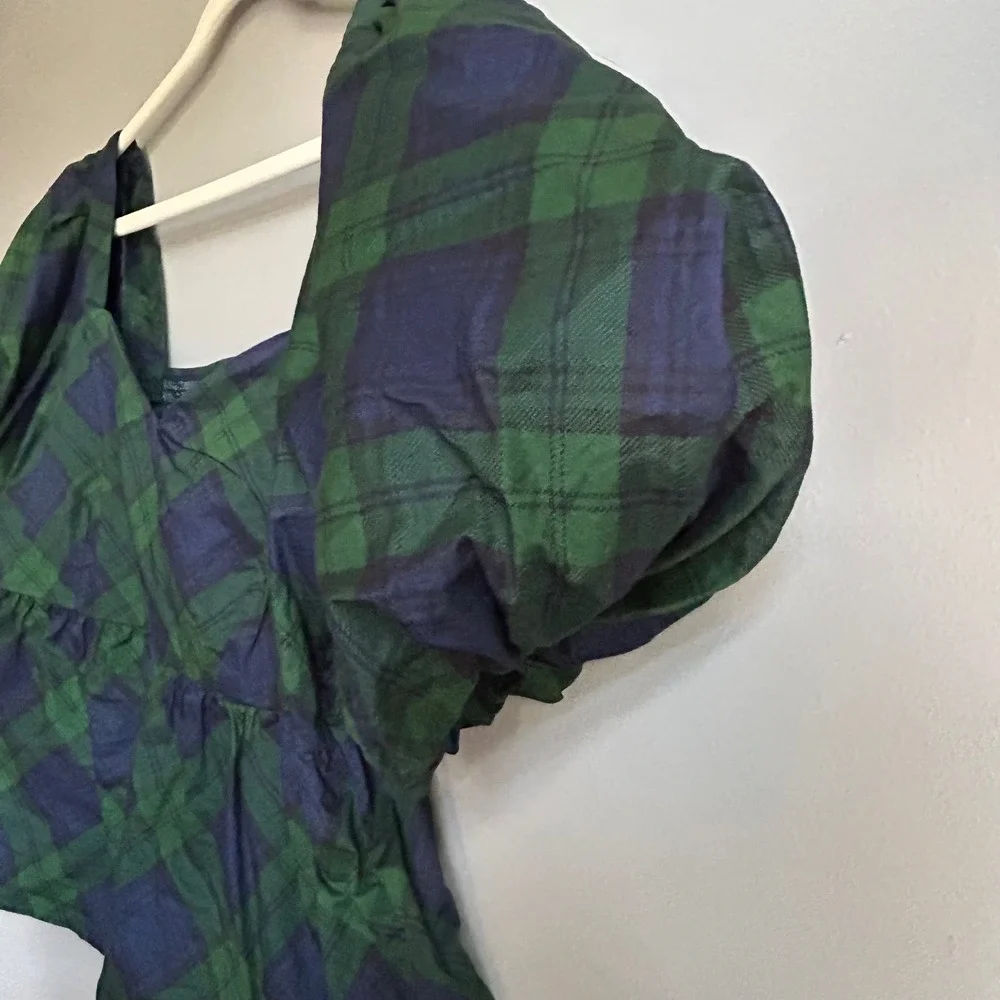Old Navy Womens XL Green Navy Plaid‎ Puff Sleeve Smocked Peplum Blouse Top